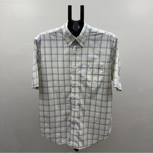 Nautica Button Down Shirt Men L Yellow Blue Plaid Short Sleeve Cotton